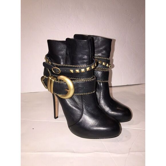 Dolce Vita Leather Braxton Booties Buckle Strappy High Heel Size 8.5 Black Gold - Picture 2 of 10